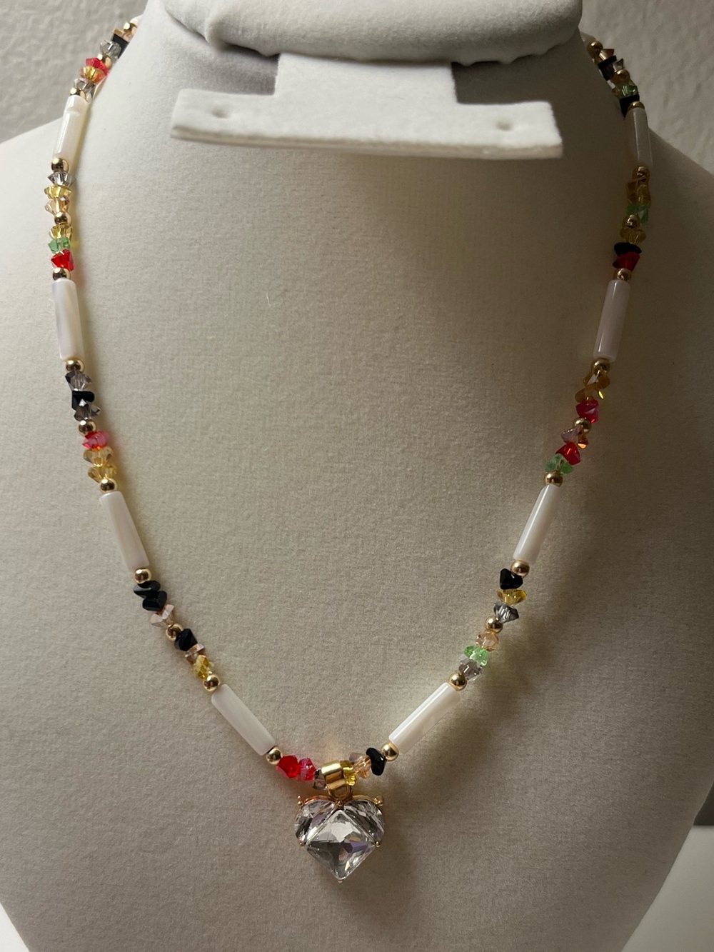 White Beaded Necklace with Heart Crystal Pendant